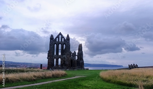 The silhouette of Whitby Abbey under grey skies in Whitby  North Yorkshire  UK