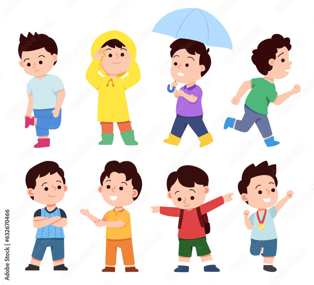 Set of little boys various poses and emotions cartoon vector Set of little boys various poses and emotions cartoon vector