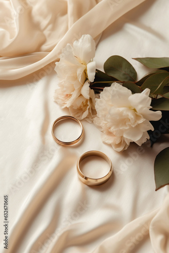 wedding rings and peony flowers on satin, top view photo