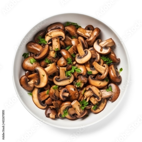 Sauteed mushrooms isolated on transparent background top view 