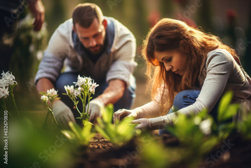 Fototapeta Naklejka Na Ścianę i Meble -  Couple takes care of flowers in garden. Man and woman working together outdoors