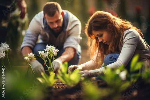 Couple takes care of flowers in garden. Man and woman working together outdoors