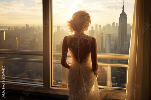 Silhouette of woman in dress looking out from window at cityscape with skyscrapers. Back view of rich woman resting in luxury apartment © Lazy_Bear