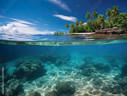 Split view of the crystalline waters  the diversity of marine life and a beautiful island of this tropical paradise.