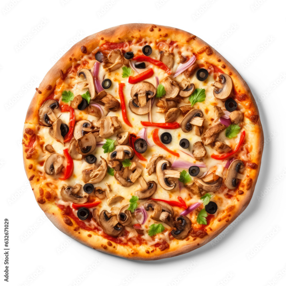 Veggie Supreme pizza isolated on transparent background top view 