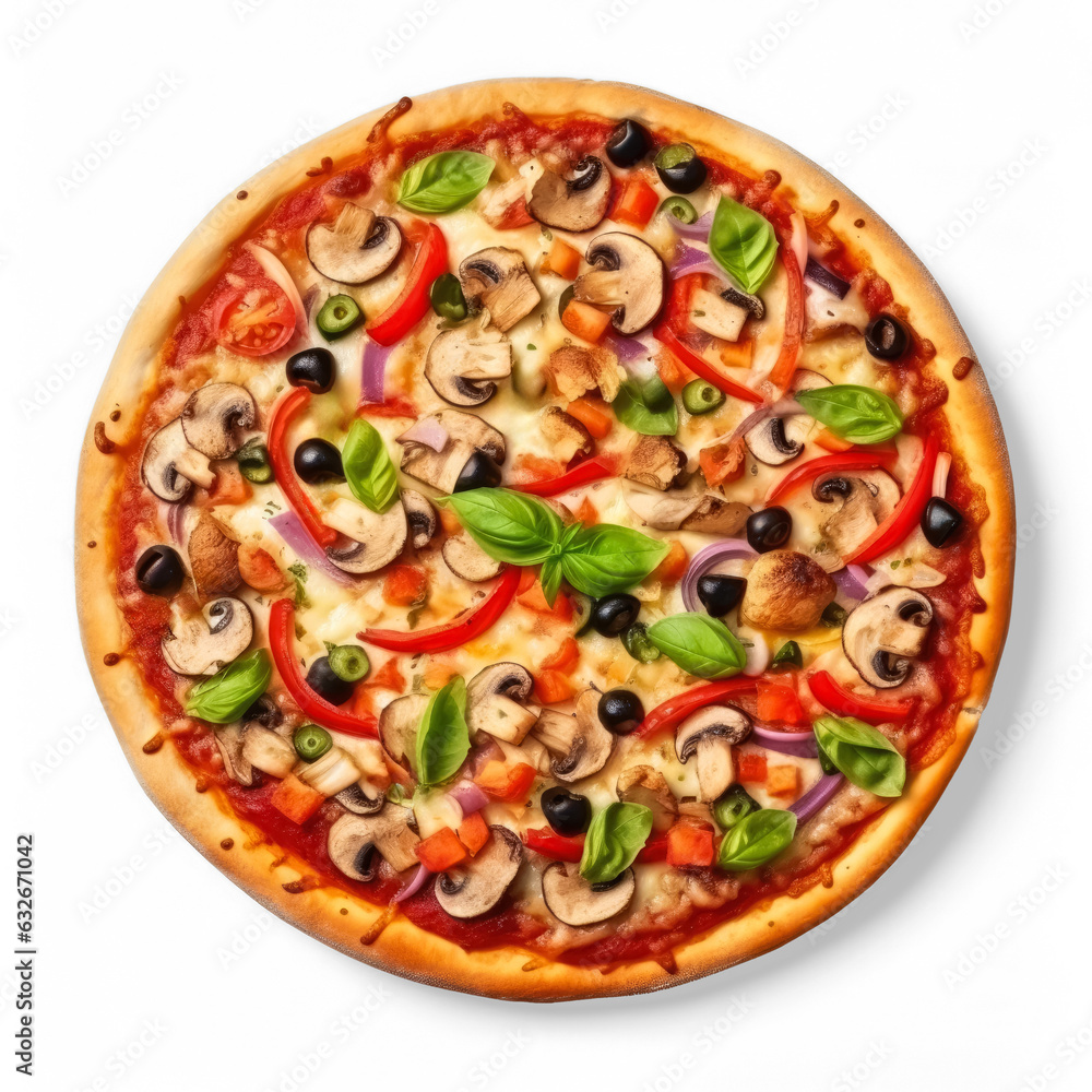 Veggie Supreme pizza isolated on transparent background top view 