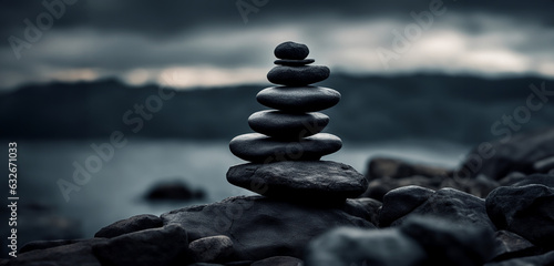 immagine primo piano con pietre sovrapposte in equilibrio su una spiaggia di sassi, mare, tema scuro photo