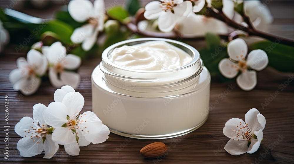 whitening and moisturizing Face cream in an open glass jar and flowers on white background. Set for spa, skin care and body products and solutions for skin problems such as scars, acne, wrinkles. whitening and moisturizing Face cream in an open glass jar and flowers on white background. Set for spa, skin care and body products and solutions for skin problems such as scars, acne, wrinkles.