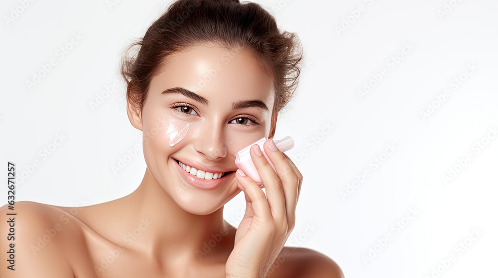 Beautiful Asian woman smile use cream for good skin. face of a healthy woman apply cream and makeup. Advertisement for skin cream, anti-wrinkle, baby face, whitening, moisturizer, tighten pores serum Beautiful Asian woman smile use cream for good skin. face of a healthy woman apply cream and makeup. Advertisement for skin cream, anti-wrinkle, baby face, whitening, moisturizer, tighten pores serum