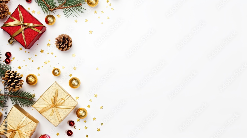 Fototapeta premium Christmas composition, gifts or present, red decorative, pine branches, cherry, gold stars, gristers on white background. xmas, celebrate new year, top view. holiday, birthday, valentine for card