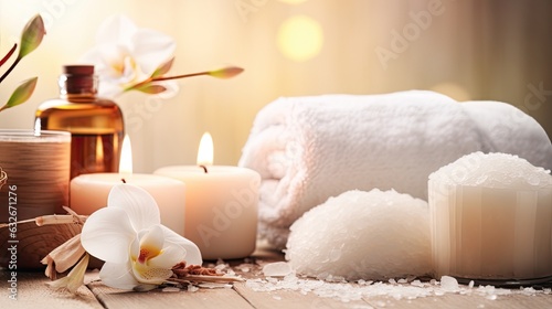 Beautiful spa treatment composition such as Towels  candles  essential oils  Massage Stones on light wooden background. blur living room  natural creams and moisturising Healthy lifestyle  body care