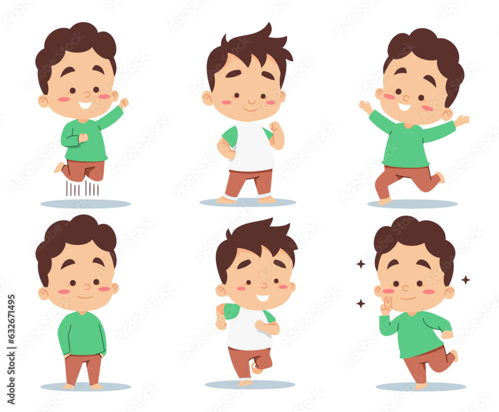 Set of little boys various poses and emotions cartoon vector
