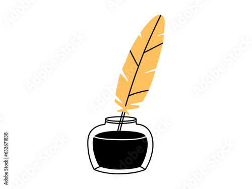 Hand drawn cute illustration of school ink bottle with feather pen. Flat vector stationery for writing in doodle style. Education or study sticker, icon. Back to school. Isolated on white background.