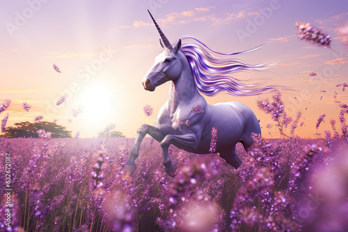 Unicorn prancing through a field of lavender