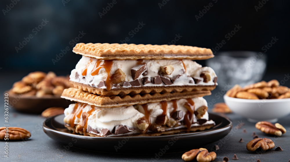 ice cream wafflewiches pecan nuts as background, Generative Ai
