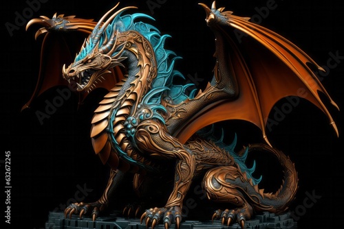 Fantasy style dragon. Symbol of the next 2024 year. Isolated on black.