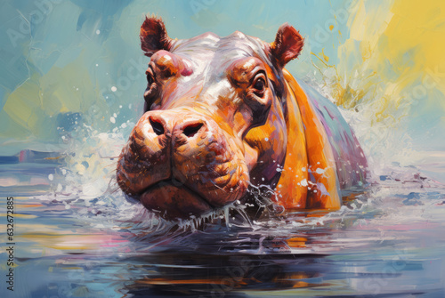 Vivid and captivating: An AI-created image of a colorful hippo in water. © ABCreative
