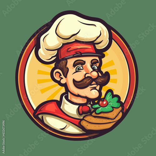 Chef baking pizza in the pizzeria. Italian cuisine. Cartoon vector illustration.