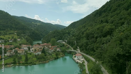Aerial view of Most na Soci (Most na Soči) a town in the Municipality of Tolmin in the Littoral region of Slovenia. photo