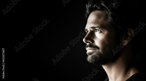 homme barbus de profil 30-35 ans sur fond noir photo
