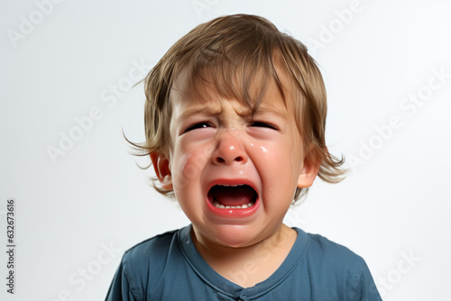 jeune enfant en train de pleurer à chaude larmes face camera sur fond blanc photo