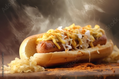 hot dog on a bun with sauerkraut and melted cheese