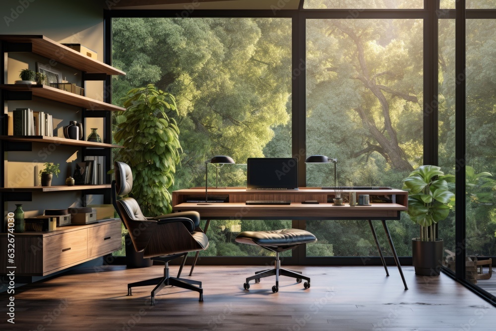 A home office featuring a sleek wooden desk, ergonomic chair, and wooden wall-mounted shelves. Generative AI