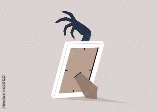 A haunting portrayal of a traumatic memory materializes in the form of a clawed hand emerging eerily from within a photo frame, evoking a sense of distress and unease