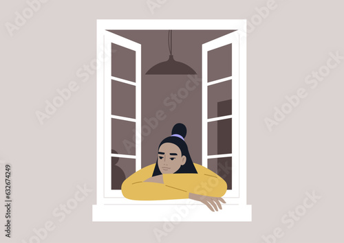 A disinterested character leans against an open window, idly observing the activities unfolding on the street with a sense of detachment