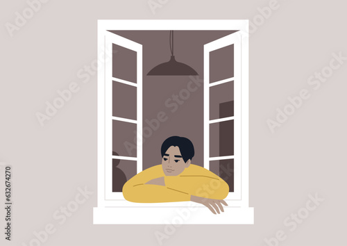 A disinterested character leans against an open window, idly observing the activities unfolding on the street with a sense of detachment