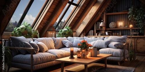 A cozy attic conversion with wooden beams and modern furnishings. Generative AI © Ivy