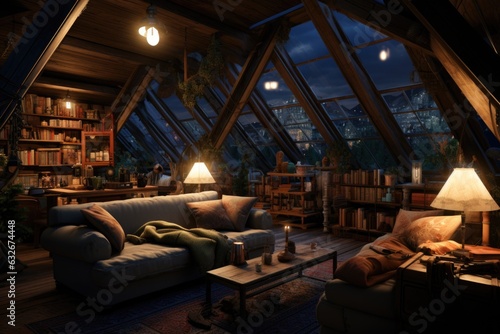 Contemporary Attic Charm: Wooden Beams and Modern Furnishings Transform the Space into a Cozy Conversion. Generative AI