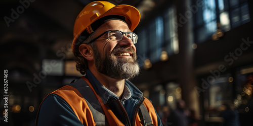 Engineer man or architect with safety helmet in front of a construction site exuding confidence and determination.Professional Engineer-Worker Wearing Hard Hat. Created with generative ai technology