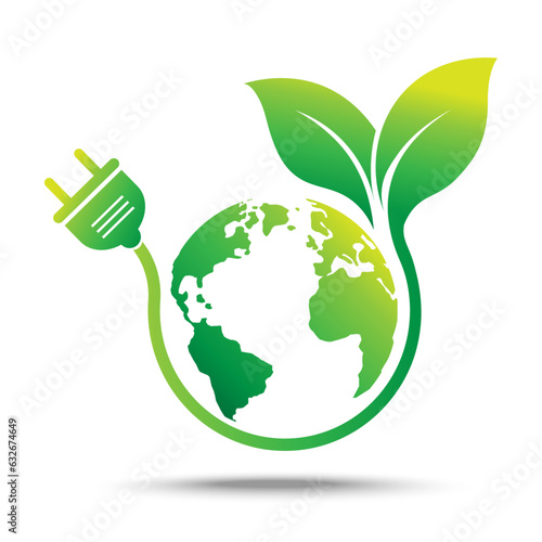 power plug with green earth. isolated on white background. ecology and sustainability concept. save nature the world. vector illustration in flat style modern design.