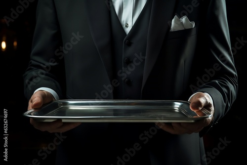 Elegant Waiter Holding Silver Tray, Close up. Generative Ai