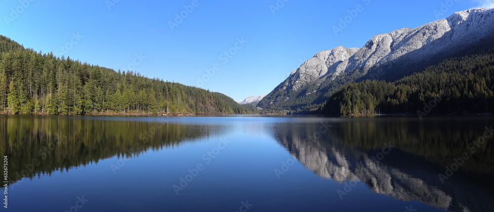 Peaceful lake reflecting surrounding mountains