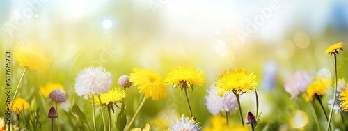 Beautiful summer natural background with yellow white flowers daisies, clovers and dandelions in grass against of dawn morning. Ultra-wide panoramic landscape, banner format