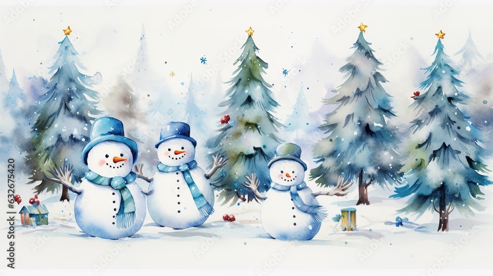 Cute snowman in the snow painted in watercolor. Winter season .Generative AI