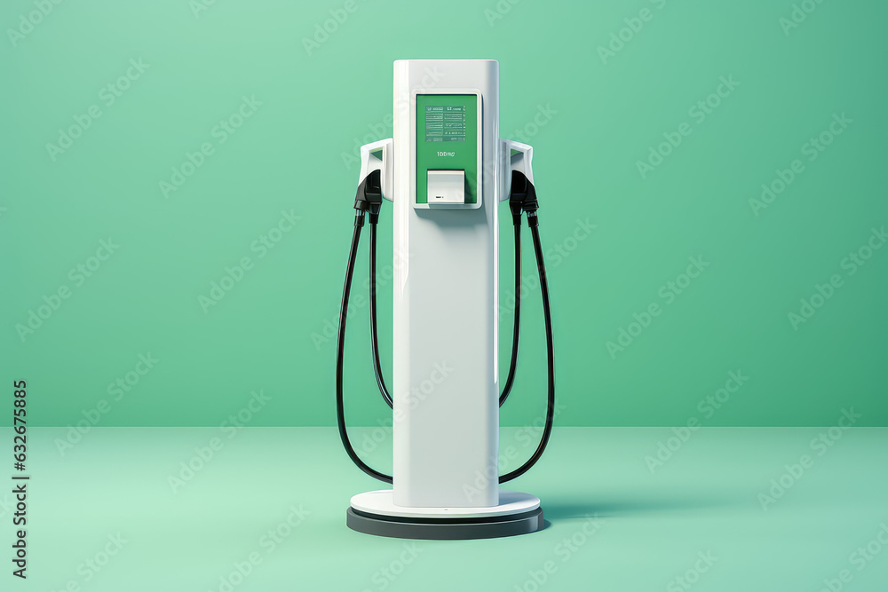 White charging stand for electric cars isolated on flat green background with copy space. 3d render minimal style illustration. White charging stand for electric cars isolated on flat green background with copy space. 3d render minimal style illustration.