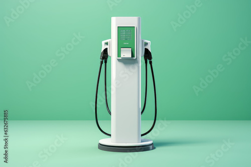 Fototapeta Naklejka Na Ścianę i Meble -  White charging stand for electric cars isolated on flat green background with copy space. 3d render minimal style illustration.
