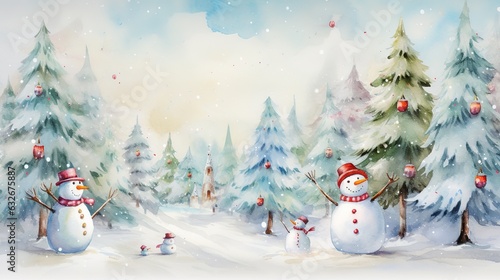 Cute snowman in the snow painted in watercolor. Winter season .Generative AI © DZMITRY