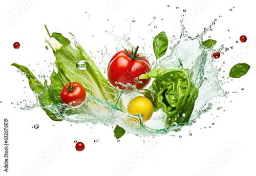 Vegetable splash. Tomato, lemon, lettuce, leaves and fresh clean water, isolated on white background