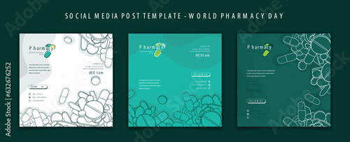Set of social media post template in green design with cartoon drugs background for pharmacy design