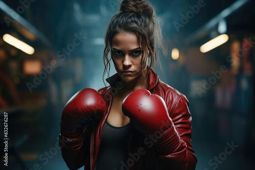  Young Woman athlete in boxing fight pose with gloves for box, angry face portrait.