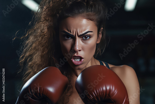  Young Woman athlete in boxing fight pose with gloves for box, angry face portrait. © dinastya