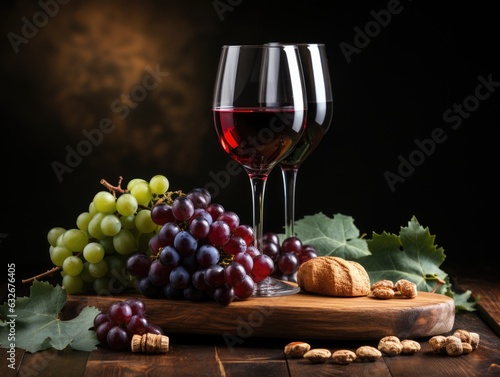 A glass of wine and some grapes on a table. AI.
