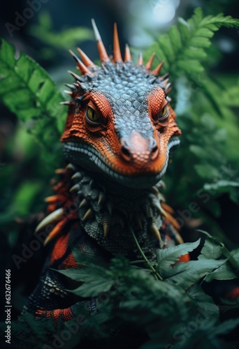 A close up of a lizard in a bush. AI.