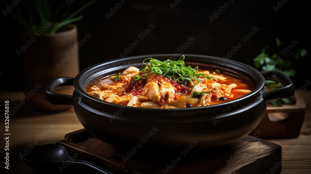 Sundubu Jigae Delight A Scrumptious Bowl of Korean Spicy Soft Tofu Stew, Brimming with Flavor