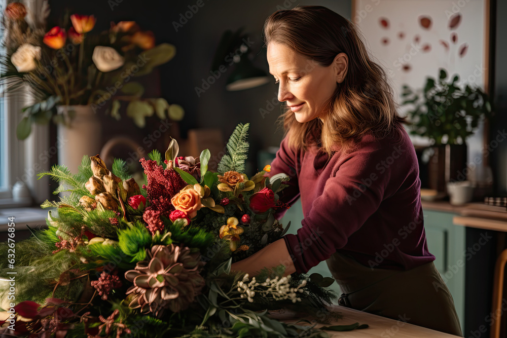 A woman decorating her house for Christmas with fairy lights, winter flowers and garlands
