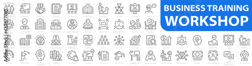 Business training and workshop icon set. Training, coaching, mentoring, education, meeting, conference, teamwork and more. Vector illustration